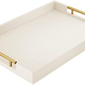 17" x 12" Wood Serving Tray with Gold Polished Metal Handles, Home Decorative Wooden Rectangle Ottoman Leather Decor Platter Bathroom Vanity Tray for All Occasions White