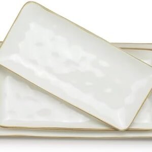 famiware Serving Platter, Rectangular 15.67/14.1/12.6inch Serving Dishes for Entertaining, Microwave Dishwasher Safe, Stoneware Serving Trays for Party, Turkey, Cheese, Ocean Series, Vanilla White