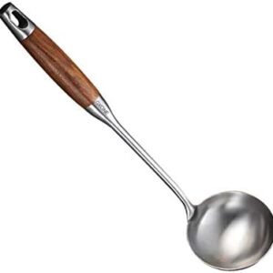 Soup Ladle,304 Stainless Steel Cooking Ladle Spoon Wok Tools with Long Wooden Handle Heat Resistant,Silver/14.6Inch