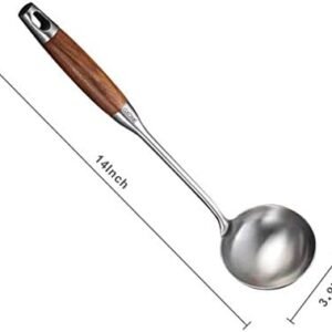 Soup Ladle,304 Stainless Steel Cooking Ladle Spoon Wok Tools with Long Wooden Handle Heat Resistant,Silver/14.6Inch