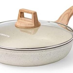 CAROTE 8 Inch Nonstick Skillet Frying Pan with Lid,White Granite Non Stick Omelet Pans,Fry Pan Egg Pan Stone Cookware Chef's Pan, PFOS & PFOA Free