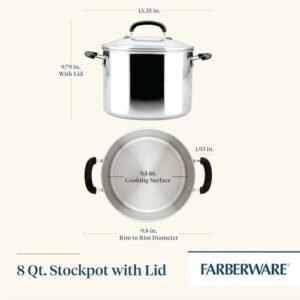 Farberware Brilliance Stainless Steel Stockpot with Glass Lid, 8 Quart, Dishwasher Safe and Induction Ready, Compatible with All Cooktops, Stainless Steel