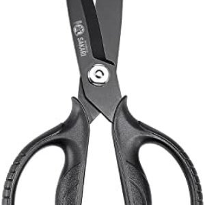 MITSUMOTO SAKARI Japanese Kitchen Scissors All Purpose, Black Titanium Plated Heavy Duty Kitchen Scissors, Multipurpose Cooking and Herb Scissors with Micro Serrated