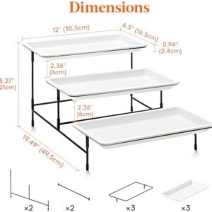 Lifewit 3 Tier Plastic Serving Tray for Party Supplies, 12″ x 6.5″ Platters for Serving Food, White Reusable Trays with Black Metal Display Stand for Veggie, Fruit, Cookies, Dessert