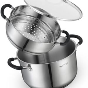 6 Quart Stainless Steel Stock Pot with Steamer,6 Qt Multipurpose Stockpot with Stay-cool silicone Handle and Glass Lid,Soup Pot for Cooking