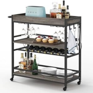 BON AUGURE Bar Cart, Home Bar Serving Cart on Wheels, Mobile 3 Tier Liquor Beverage Cart with Wine Rack and Glass Holder, Grey Oak