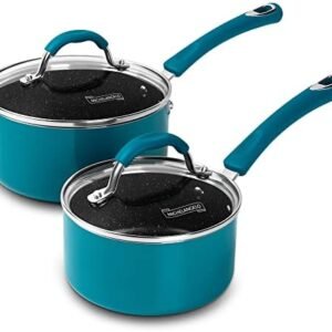 MICHELANGELO Sauce Pan Sets, Saucepans with Lids, 1Qt & 2Qt Sauce Pan with lid, Enameled Small Pot with Lid, Nonstick Saucepan Set, Sauce Pot with Silicone Handle, Oven Safe, Cyan