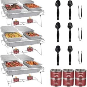 Disposable Chafing Dish Buffet Set, 33 Piece of Chafing Servers with Food Warmers, Covers, Half-Size Food Pans, Water Trays, Serving Utensils, Foil Lids and 2.5H Fuel Cans for Parties, Catering