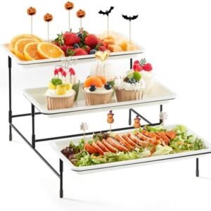 Lifewit 3 Tier Plastic Serving Tray for Party Supplies, 12" x 6.5" Platters for Serving Food, White Reusable Trays with Black Metal Display Stand for Veggie, Fruit, Cookies, Dessert