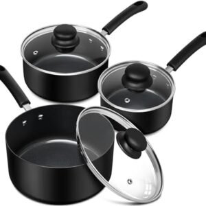 MICHELANGELO Sauce Pan Set, Ultra Nonstick Sauce Pans 1 QT & 2QT & 3QT, Sauce Pot Set with Lid, Ceramic Nonstick Saucepan Set, Nonstick Pot Set, Black Ceramic Saucepan Set 3Pcs