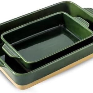 Ceramic Baking Dish Set, Bakeware Set, Rectangular Casserole Dish Set, lasagna Pan, 2 Baking Pans Set for Cooking, Kitchen Dinner, 9 x 13 Inch, Green