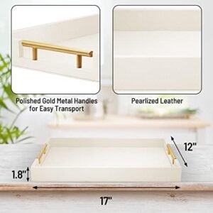 17″ x 12″ Wood Serving Tray with Gold Polished Metal Handles, Home Decorative Wooden Rectangle Ottoman Leather Decor Platter Bathroom Vanity Tray for All Occasions White