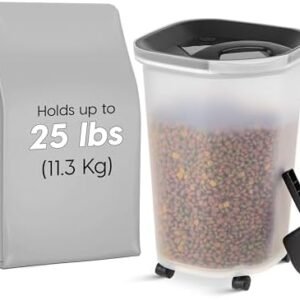 IRIS USA Premium Airtight Dog Food Storage Container, Up to 25 lbs, 60% Improved Airtightness with Seal & Air Valve, 2 Cup Scoop, Removable Wheels, Fit in Small Space, BPA Free, Black