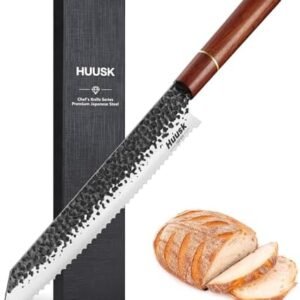 Huusk Japanese Bread Knife, 9.7 Inch Long Serrated Bread Knife, Lightweight Slicing Bread Knife for Cutting Homemade Sourdough Bread, Serrated Knife with Gift Box for Dad