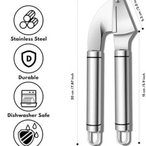 Premium Garlic Press Stainless Steel, Garlic Mincer Tool, Garlic Crusher Tool, Garlic Smasher Garlic Masher Includes Silicone Garlic Peeler & Cleaning Brush, Dishwasher Safe, Silver