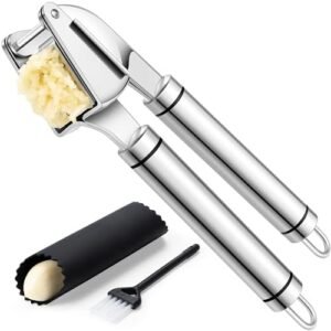 Premium Garlic Press Stainless Steel, Garlic Mincer Tool, Garlic Crusher Tool, Garlic Smasher Garlic Masher Includes Silicone Garlic Peeler & Cleaning Brush, Dishwasher Safe, Silver