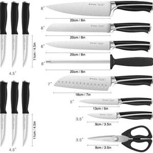 Knife Set, Emojoy 15 Piece Kitchen Set with Block Wooden, German Stainless Steel Sharp Chef Sharpener, Knives Black