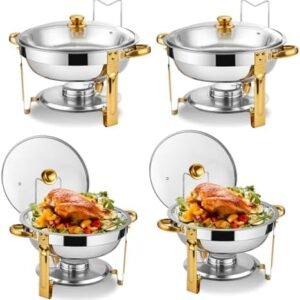 Chafing Dish Buffet Set 4 Pack, 5QT Round Chafing Dishes for Buffet with Glass Lid & Lid Holder, Stainless Steel Chafers and Buffet Warmers Sets for Catering, Parties and Weddings, Gold