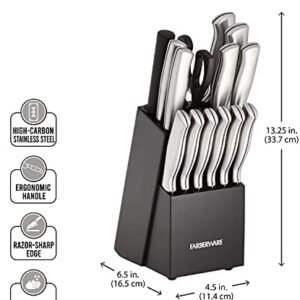 Farberware 15-Piece High-Carbon Stamped Stainless Steel Kitchen Knife Set with Wood Block, Steak Knives, Razor-Sharp, Black, Ultra-Sharp Blades, Ergonomic Comfort Grip