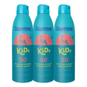 Coppertone Kids Sunscreen Spray SPF 50, Water Resistant Spray Sunscreen for Kids, Pediatrician Recommended Sunscreen Brand, Bulk Sunscreen SPF 50, 5.5 Oz Bottle, Pack of 3