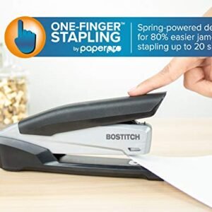 Bostitch Office Executive 3 in 1 Stapler, Includes 210 Staples and Integrated Staple Remover, One Finger Stapling, No Effort, 20 Sheet Capacity, Spring Powered Stapler, Black/Gray (INP20)