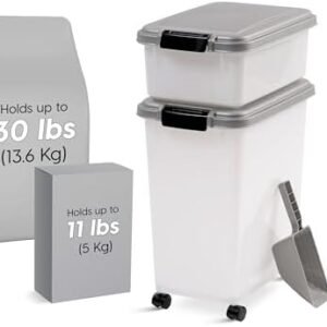 IRIS USA 30 lbs & 11 lbs Combo Airtight Dog Food Storage Container, Stackable Treat Box, 2-Cup Scoop, Wheels, Keep Fresh, Easy Mobility, Chrome
