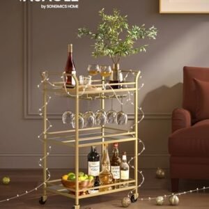 VASAGLE Bar Cart, Home Bar Serving Cart, Small Bar Cart with 3-Tier Shelf, Wine Holders, Glass Holders, Bar Cart for Small Spaces, Kitchen, Living Room, 15 x 23.6 x 36.2 Inches, Gold ULRC100A01