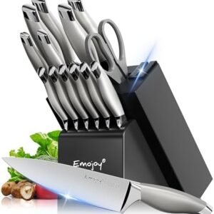 Emojoy Knife Set with Block, 15 Pieces Kitchen Knife Set with Built-in Sharpener, German Stainless Steel Sharp Chef Knife Set with Hollow Handle, Dishwasher Safe and Rust Proof