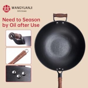 WANGYUANJI Cast Iron Wok Pan 14.2″ Large Wok Stir Fry Pan Flat Bottom Wok with Lid and Wood Handle,Suitable for All Cooktops, Uncoated Craft Wok Healthy Cooking Wok