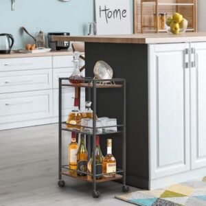 Bar Cart, 3-Tier Mobile Rolling Cart with Protective Rails, Industrial Serving Cart with Wheels, Beverage Cart with Protective Rails, for Home, Kitchen, Dining Room UFG01TC01