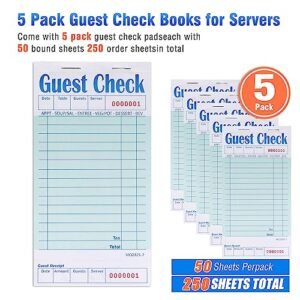 Wakhow Guest Checks Book 5 Pack, Server Note Pads, Waitress Accessories Wirting Pad, Restaurant Supplies Order Pad Total 250 Sheets
