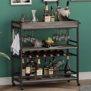 BON AUGURE Bar Cart, Home Bar Serving Cart on Wheels, Mobile 3 Tier Liquor Beverage Cart with Wine Rack and Glass Holder, Grey Oak