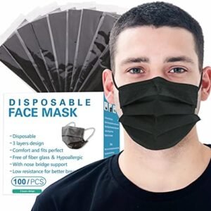 Individually Wrapped Masks 100 Pack Disposable,Face Mask Protection for Adults 3-Layer Filter Safety Face Masks(100, Black)