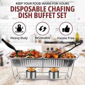 Disposable Chafing Dish Buffet Set, 33 Piece of Chafing Servers with Food Warmers, Covers, Half-Size Food Pans, Water Trays, Serving Utensils, Foil Lids and 2.5H Fuel Cans for Parties, Catering