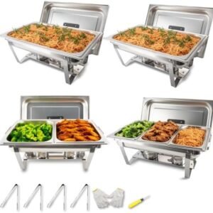 4 Pack 8QT Rectangular Chafing Dish Buffet Set Stainless Steel Catering Chafers Food Warmer with Full,Half,1/3 Food Pan,Fuel Holder,Foldable Frame for Weddings/Parties/Banquets Events