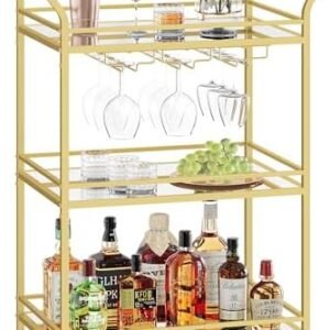 VASAGLE Bar Cart, Home Bar Serving Cart, Small Bar Cart with 3-Tier Shelf, Wine Holders, Glass Holders, Bar Cart for Small Spaces, Kitchen, Living Room, 15 x 23.6 x 36.2 Inches, Gold ULRC100A01