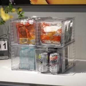 4Pack Large Stackable Kitchen Storage Drawers, Clear Foods Organizer Bins with Handles, Easily Assemble for Bathroom, Kitchen, Pantry, Cabinet, Closet(XL-Up Handle)