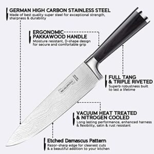 MICHELANGELO Professional Chef Knife 8 Inch Pro, German High Carbon Stainless Steel with Ergonomic Handle, Japanese Knife, for Kitchen – Inch, Etched Damascus Pattern