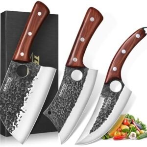 3PCS Butcher Knife Set, Hand Forged Serbian Chef Knife & Meat Cleaver Knife & Viking Knives, Meat Cutting Kitchen Knife Set for Home, Outdoor Cooking, Camping BBQ Men