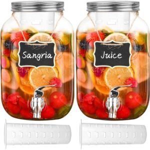Eleganttime 1 Gallon Glass Drink Dispensers for Parties,2 Pack Beverage Dispenser with Fruit Infuser,Laundry Detergent Dispenser Punch Bowls Water Juice dispensers with Easy Flow Spigot for Outdoor