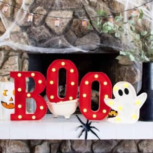 DAZONGE Halloween Decorations Indoor – 4 LED Light Up Letters Boo and Ghost Marquee Signs for Halloween Kitchen Room Wall Decor, Halloween Marquee Letters for Party Decorations