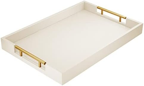 17″ x 12″ Wood Serving Tray with Gold Polished Metal Handles, Home Decorative Wooden Rectangle Ottoman Leather Decor Platter Bathroom Vanity Tray for All Occasions White