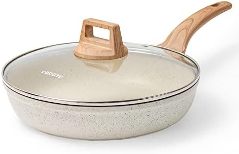 CAROTE 8 Inch Nonstick Skillet Frying Pan with Lid,White Granite Non Stick Omelet Pans,Fry Pan Egg Pan Stone Cookware Chef’s Pan, PFOS & PFOA Free