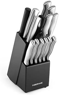 Farberware 15-Piece High-Carbon Stamped Stainless Steel Kitchen Knife Set with Wood Block, Steak Knives, Razor-Sharp, Black, Ultra-Sharp Blades, Ergonomic Comfort Grip