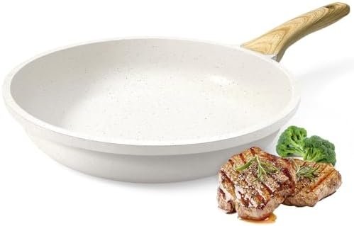 Nonstick Frying Pan Skillet – 9.5″ White Granite Non Stick Fry Pans, Omelette Pan Healthy Stone Cookware Compatible with All Stovetops, PFOA Free