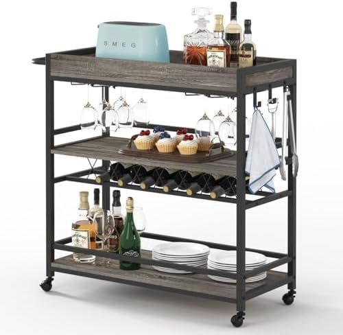 BON AUGURE Bar Cart, Home Bar Serving Cart on Wheels, Mobile 3 Tier Liquor Beverage Cart with Wine Rack and Glass Holder, Grey Oak