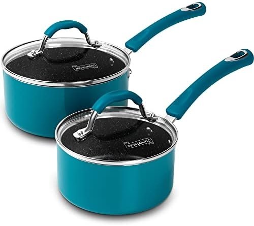 MICHELANGELO Sauce Pan Sets, Saucepans with Lids, 1Qt & 2Qt Sauce Pan with lid, Enameled Small Pot with Lid, Nonstick Saucepan Set, Sauce Pot with Silicone Handle, Oven Safe, Cyan