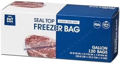 24/7 Bags- Gallon Freezer Bags, 120 Count with Stand Up Bottom and New Calendar Feature, Easy Fill