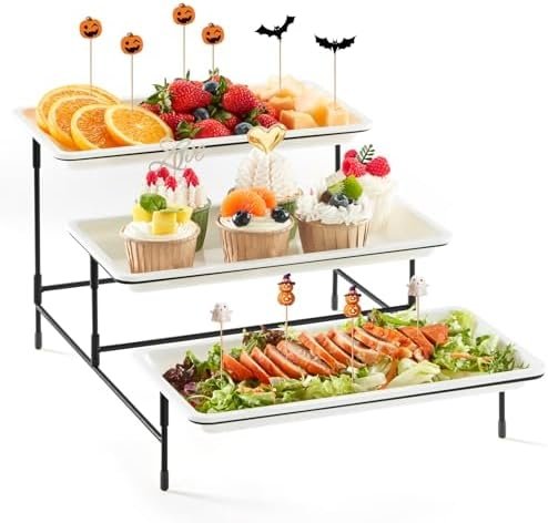 Lifewit 3 Tier Plastic Serving Tray for Party Supplies, 12″ x 6.5″ Platters for Serving Food, White Reusable Trays with Black Metal Display Stand for Veggie, Fruit, Cookies, Dessert