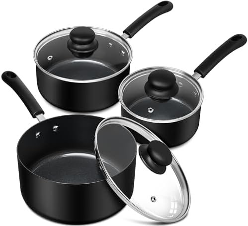 MICHELANGELO Sauce Pan Set, Ultra Nonstick Sauce Pans 1 QT & 2QT & 3QT, Sauce Pot Set with Lid, Ceramic Nonstick Saucepan Set, Nonstick Pot Set, Black Ceramic Saucepan Set 3Pcs